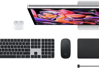 Mac-tillbehör: Airpods, Studio Display, Magic Keyboard, Magic Mouse, Magic Trackpad, MagSafe-laddningskabel i rymdsvart